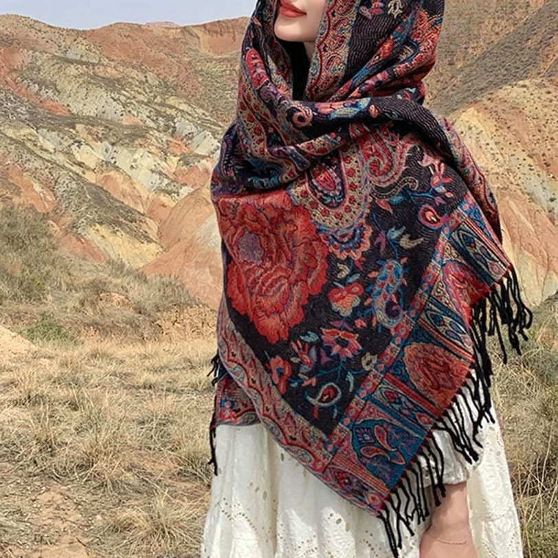 Tibetan bohemian shawl styled with ethnic jewelry, showcasing versatile layering options and cultural aesthetic appeal