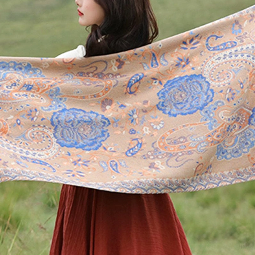 Tibetan bohemian shawl warm neutral option, intricate ethnic pattern with tassel fringe edge detail