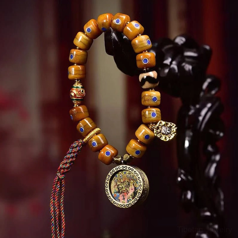 Tibetan bone bead bracelet C Style with blue inlay beads and elastic string band