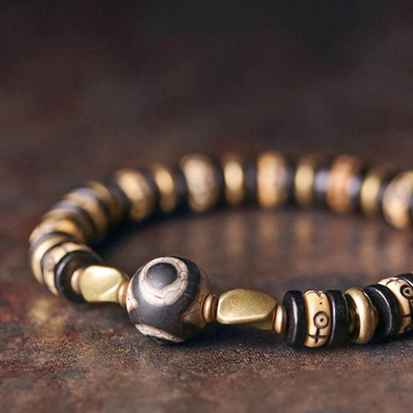 Ebony wood carved beads tibetan bracelet symbolic patterns detail