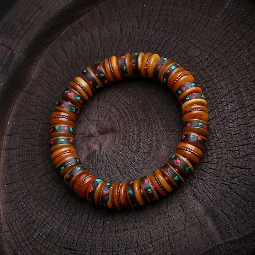Tibetan bone bead bracelet variant with natural brown bone beads, wrist circumference 16-17cm, elastic string