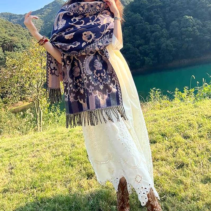 Tibetan leaf pattern botanical shawl showing complete design with paisley motifs and tassel trim