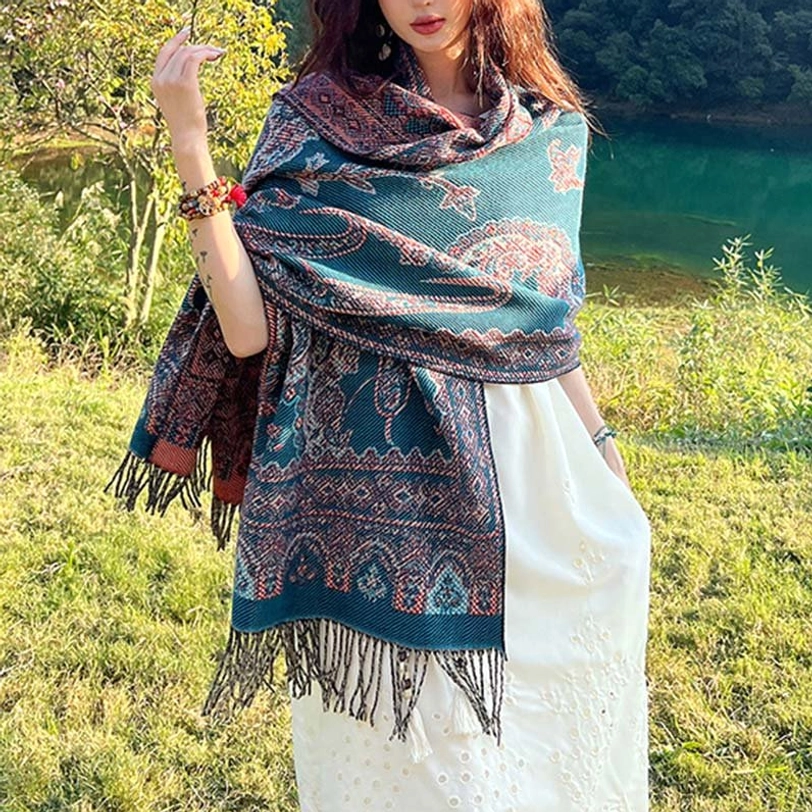 Aqua Tibetan botanical shawl with traditional leaf motifs and soft tassel hem