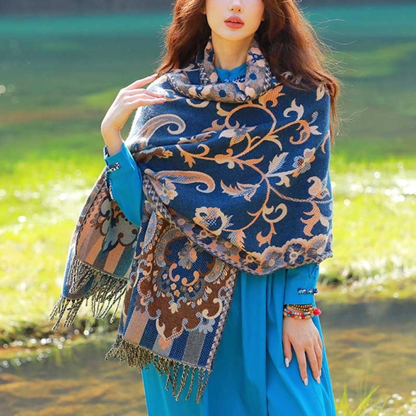 Tibetan botanical vine leaf tassel shawl in vivid blue with traditional weaving and decorative fringe