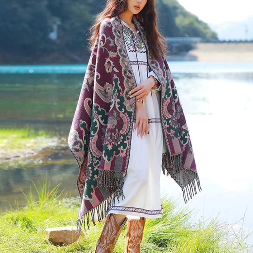 Tibetan botanical tassel shawl in dark green color featuring vine leaf and floral jacquard design