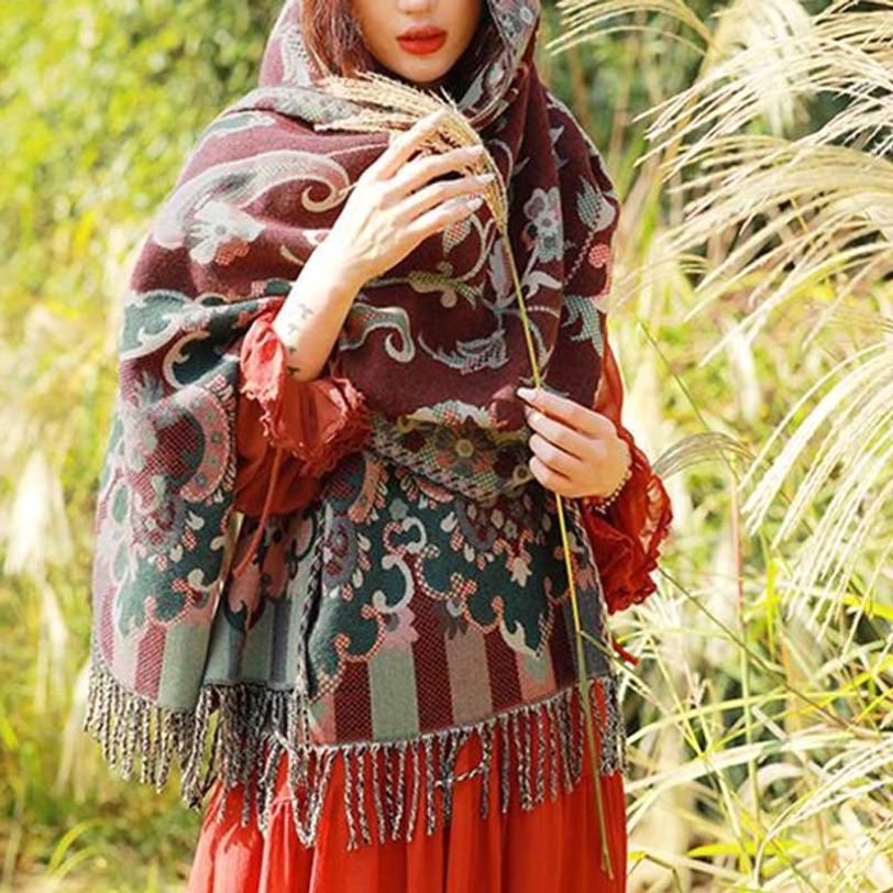 Tibetan botanical vine leaf tassel shawl detail shot of jacquard weave and decorative fringe