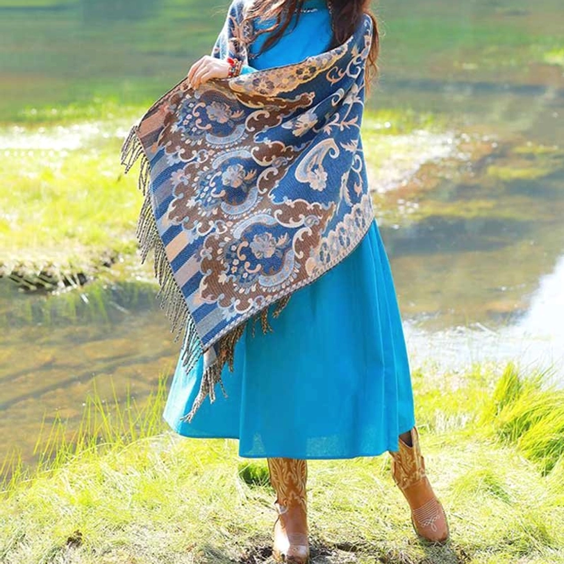 Tibetan botanical tassel shawl flat lay view of complete design with leaf motifs and fringe detail