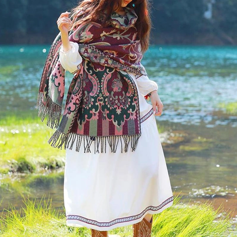 Tibetan botanical vine leaf shawl dark green option with fringe hem and traditional weaving pattern