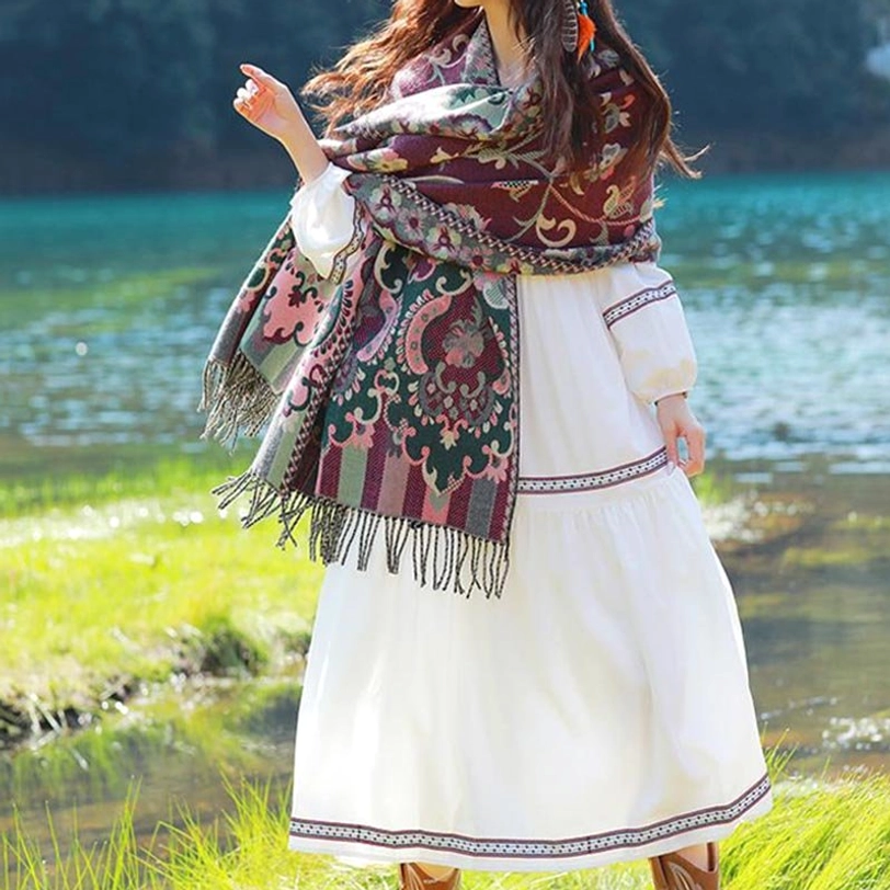 Tibetan botanical tassel shawl in navy blue color with ornate vine leaf and paisley design