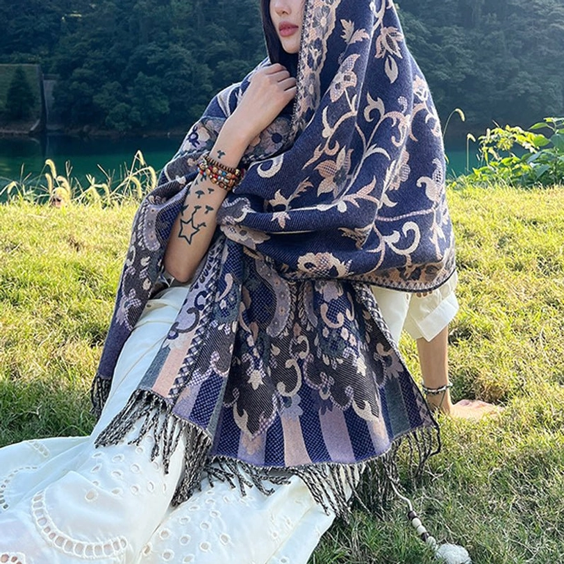 Tibetan botanical tassel shawl in deep navy blue showing complete design with fringe and jacquard patterns