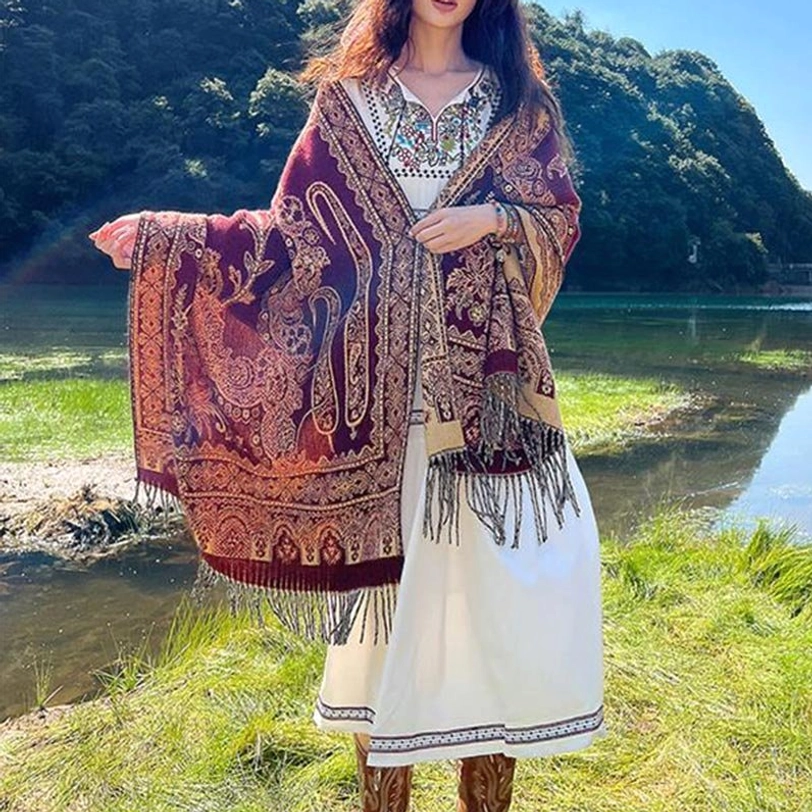 Orchid colored Tibetan leaf shawl with traditional ethnic patterns and soft fringe