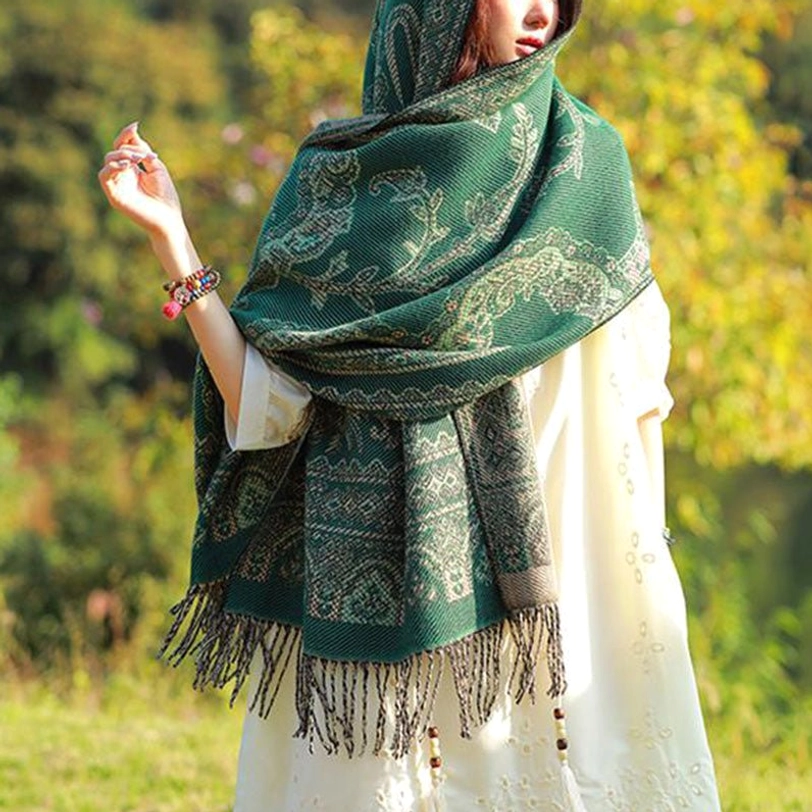 Purple Tibetan botanical shawl with traditional leaf and paisley pattern collection view