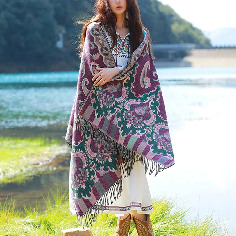 Tibetan botanical tassel shawl in purple color option with vine leaf jacquard pattern