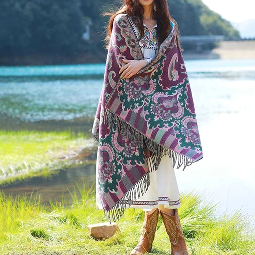 Tibetan botanical tassel shawl purple shade draped elegantly showing texture and pattern detail