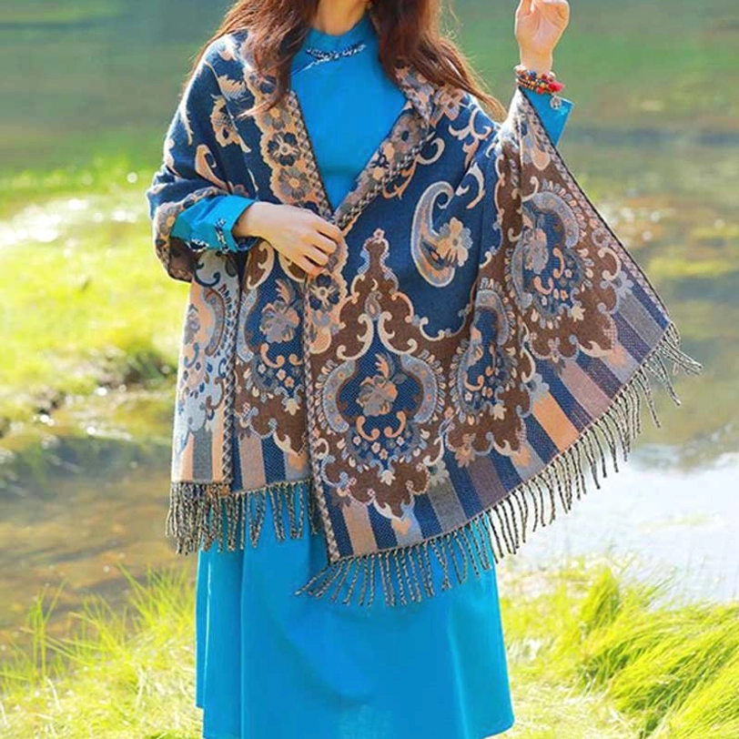 Tibetan botanical tassel shawl size reference photo demonstrating generous 190cm length and drape