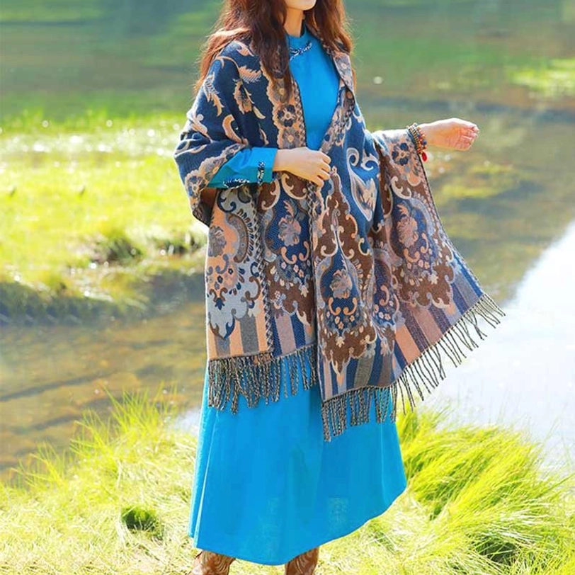 Tibetan botanical vine leaf tassel shawl styling guide showing multiple wear options and versatility