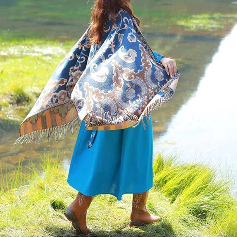 Tibetan vine leaf botanical tassel shawl versatile styling for travel, work, and special occasions