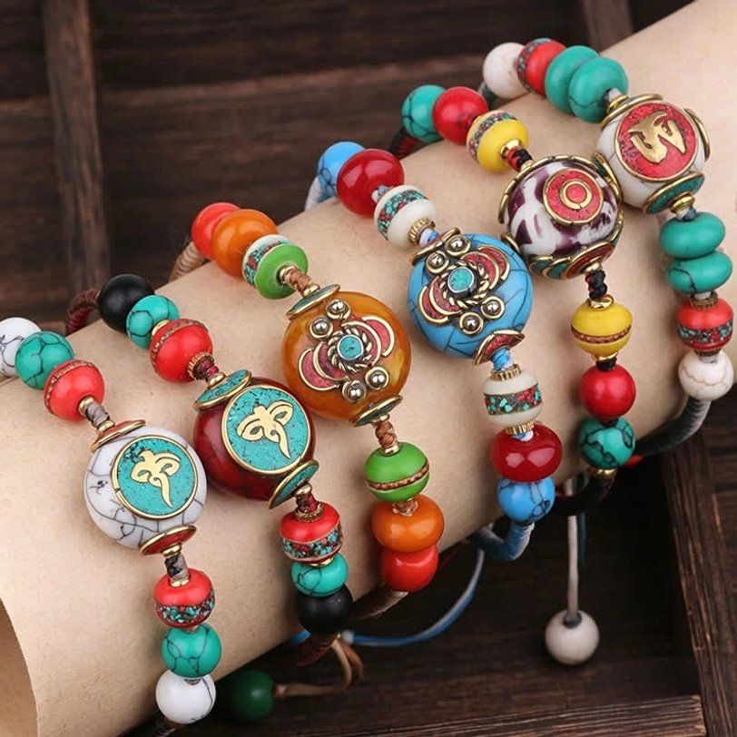 Tibetan braided rope bracelet adjustable sizing with turquoise amber beads spiritual wellness