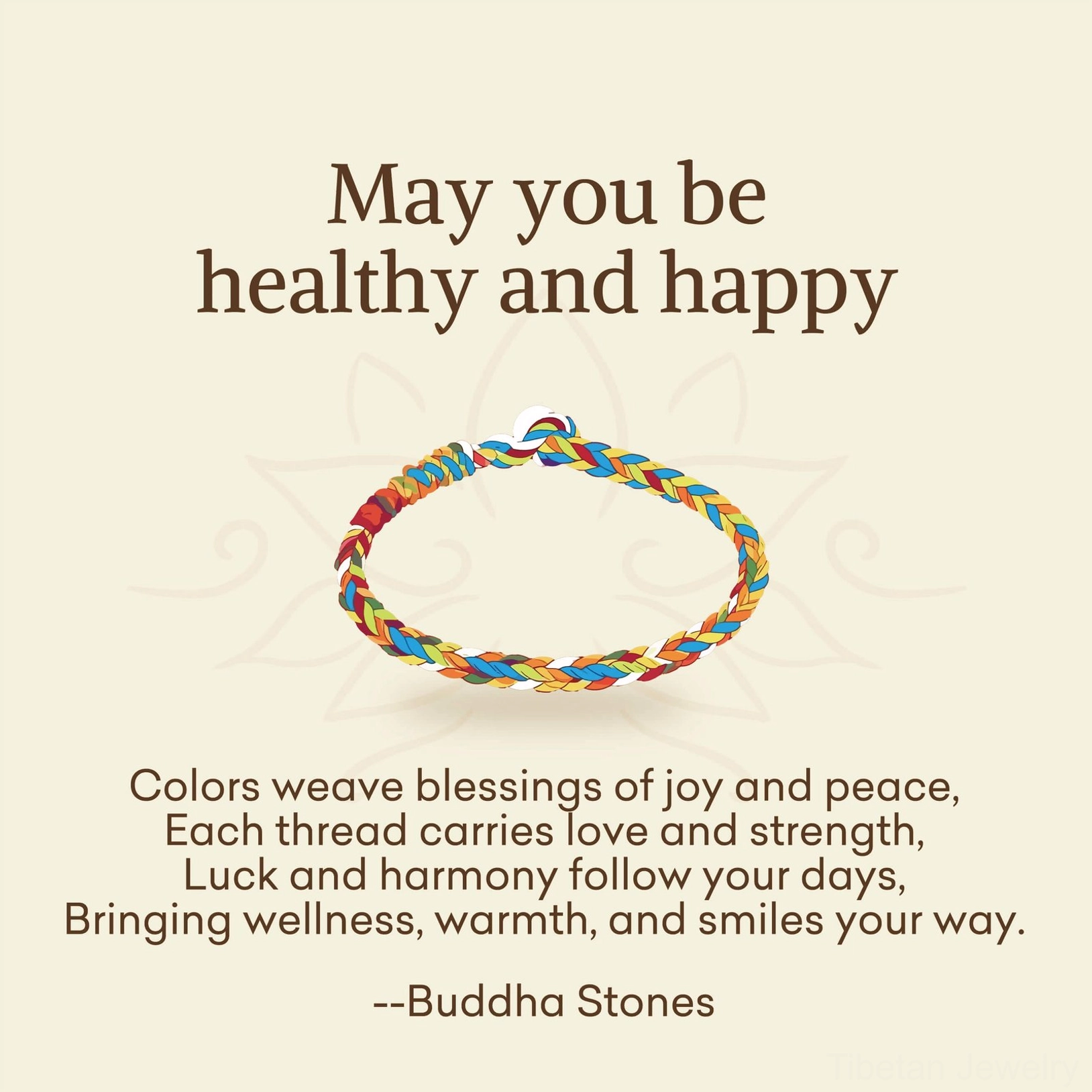 Tibetan blessing bracelet and personalized message card with Buddhist blessing text on light beige background