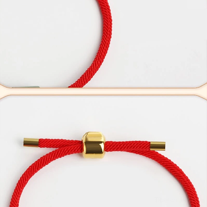 Close-up detail of Tibetan protection bracelet showing red braided rope, gold adjustable clasp, and metal end caps on white background