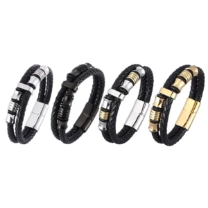 Tibetan leather protection bracelet collection in four color options - black, silver, gold, and silver-gold mixed metals