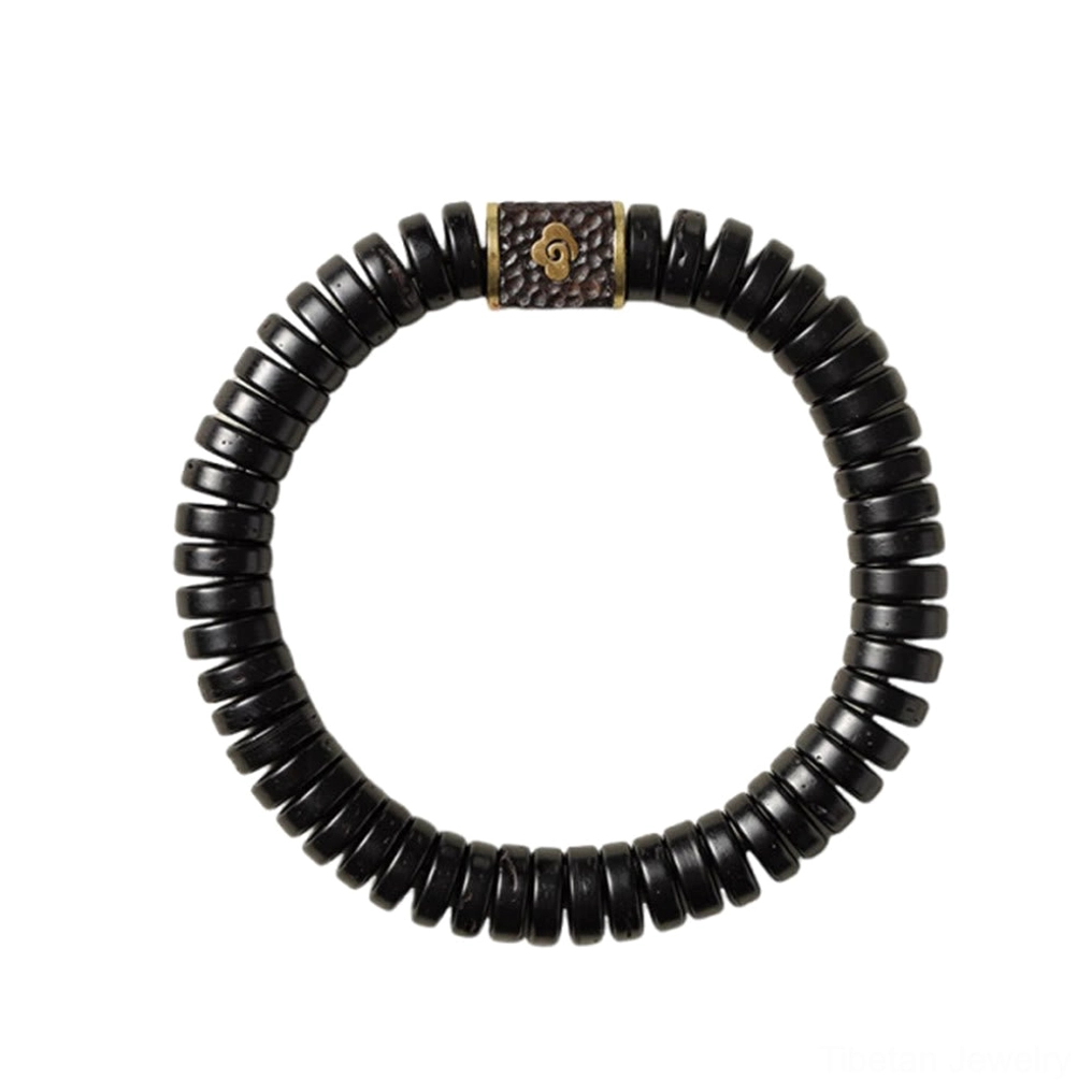 Full circular coconut shell auspicious clouds beaded bracelet design with polished black beads and metal spacer