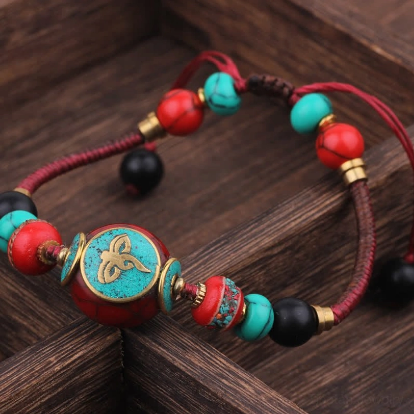 Dark red braided rope Tibetan healing bracelet with turquoise and gemstone beads vitality