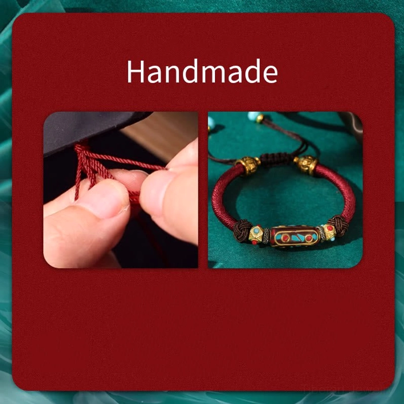 Handmade Tibetan bracelet craft display showing braiding process steps and finished Om Mani Padme Hum bracelet preview on red background