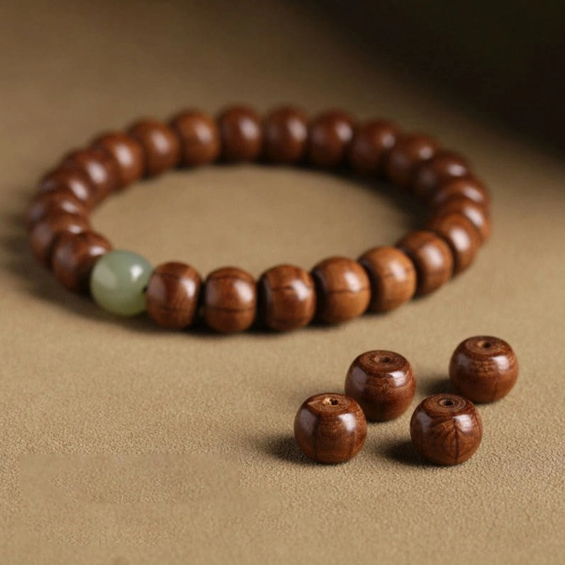 Handmade Tibetan wooden jade protection bracelet showing natural material craftsmanship and bead arrangement