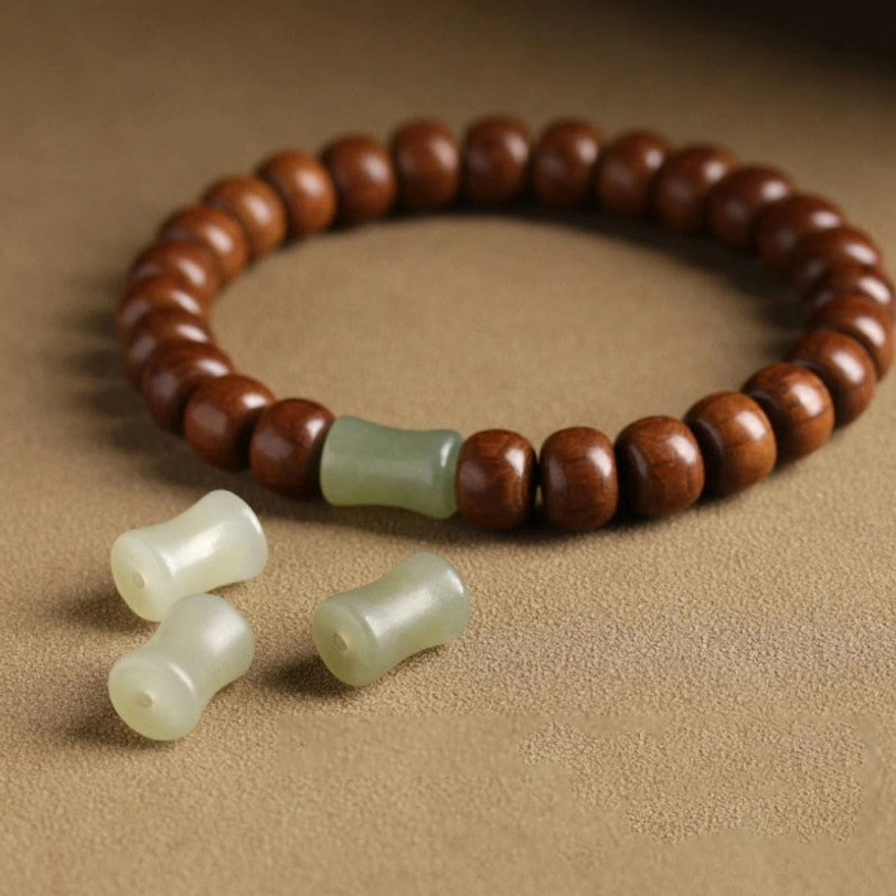 Tibetan protection bracelet displayed with loose Hetian jade beads showing bead components on neutral background