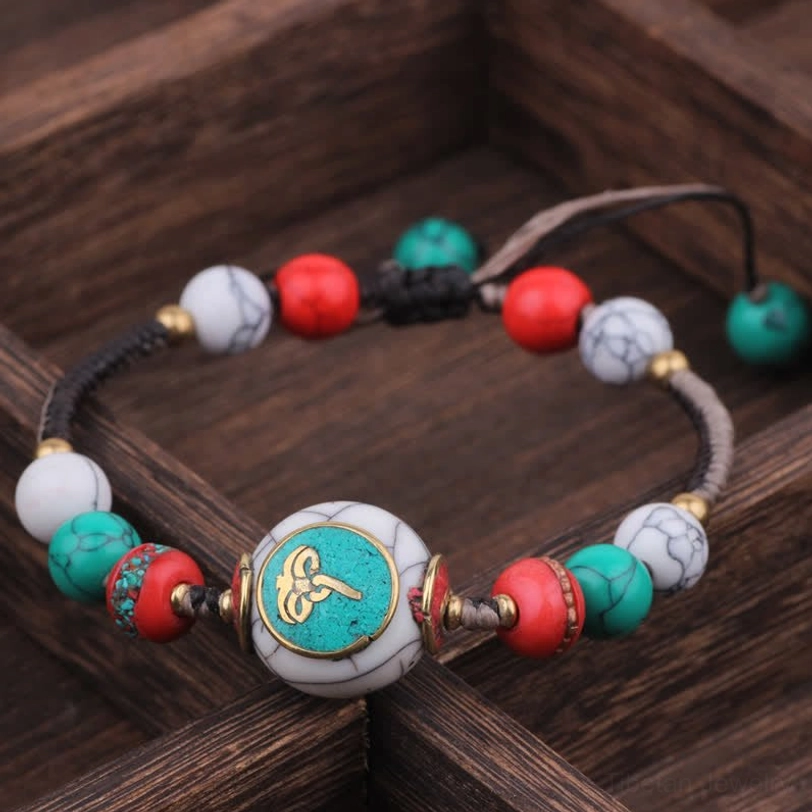 Round turquoise black white braided rope Tibetan bracelet with protective stone center bead