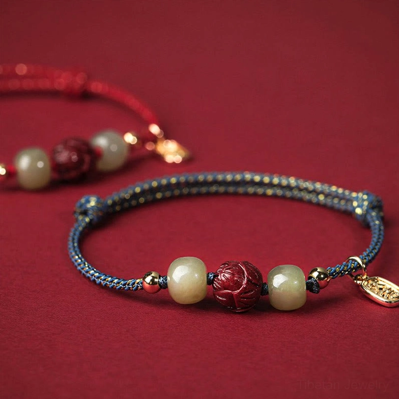 Side profile of stacked Tibetan lucky bracelets showing bead arrangement and rope texture