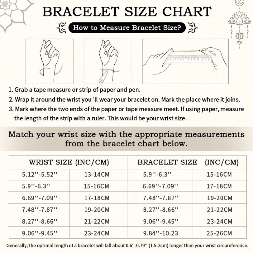 Size measurement guide and wrist circumference conversion table for Tibetan dragon scale bracelet