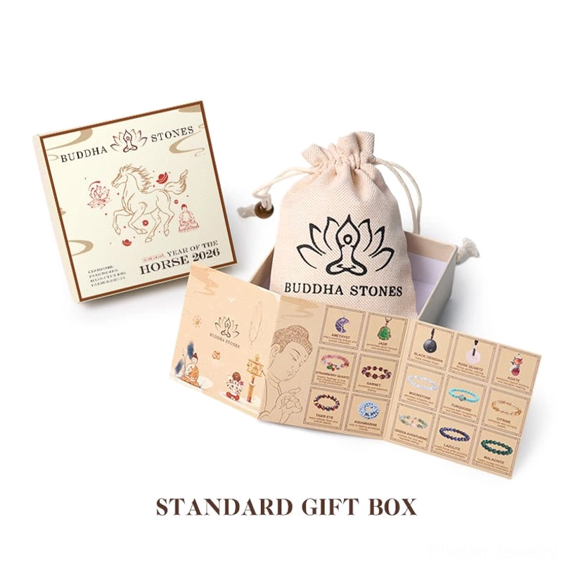 Standard gift box packaging set with branded box, drawstring pouch, product catalog and Year of the Horse theme