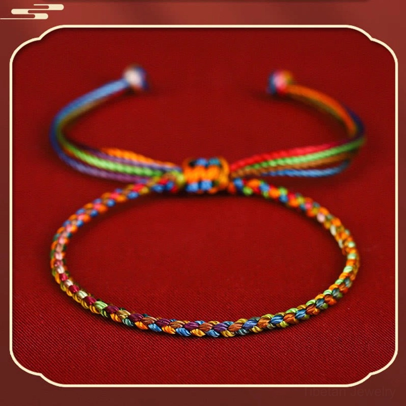 Two styles of Tibetan braided bracelets comparison showing adjustable and fixed loop designs