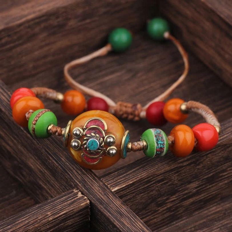 White orange braided rope Tibetan bracelet with mixed gemstone beads spiritual protection