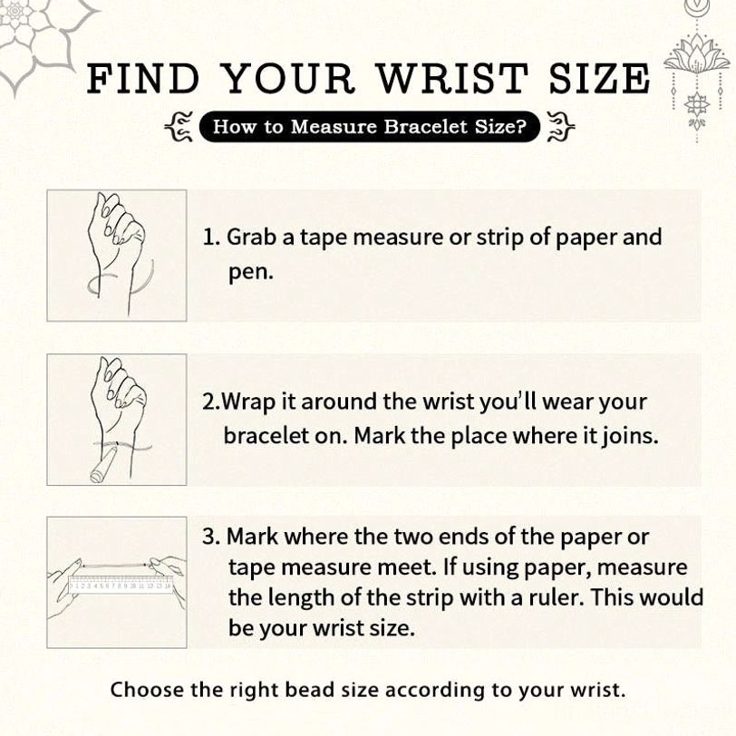 Wrist size measurement guide for Tibetan Dzi bead bracelet fitting instructions