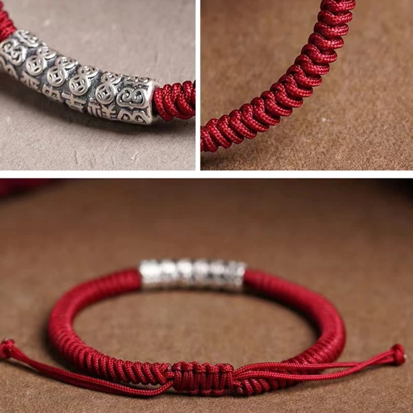 Red and black Tibetan Om Mani Padme Hum rope bracelets side-by-side comparison showing color and design details
