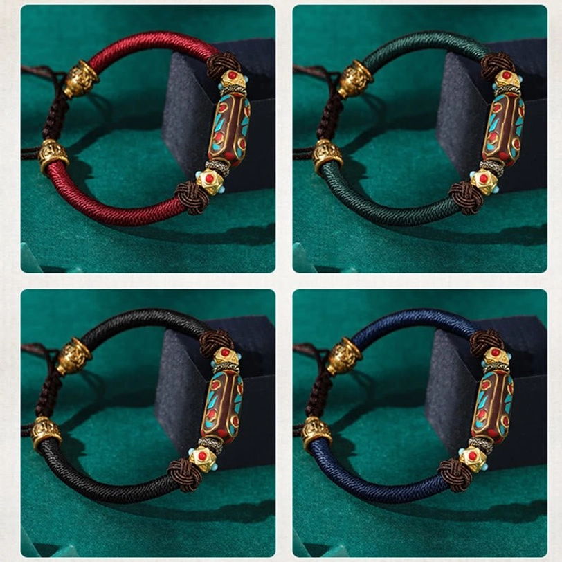 Tibetan braided bracelet lifestyle shot showing authentic wear and spiritual significance