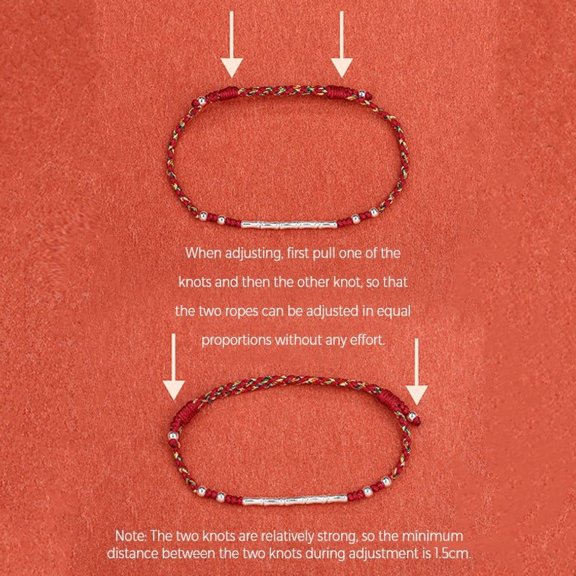 Tibetan handmade braided protection bracelet size adjustment instruction guide with two sample bracelets demonstrating fit