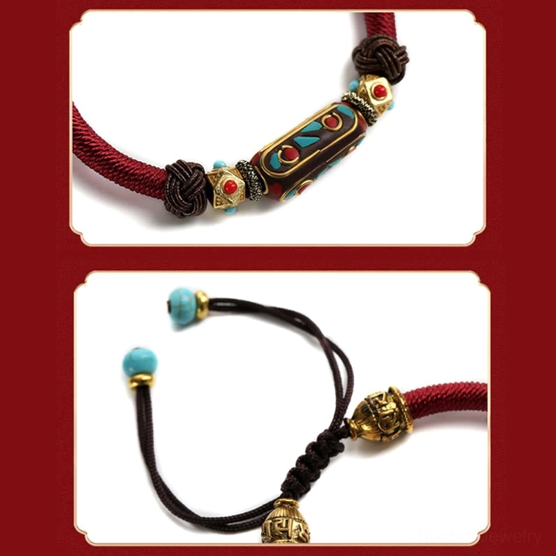 Two styles of handmade Tibetan braided bracelets in wine red and black rope with delicate woven knots on white background with red border