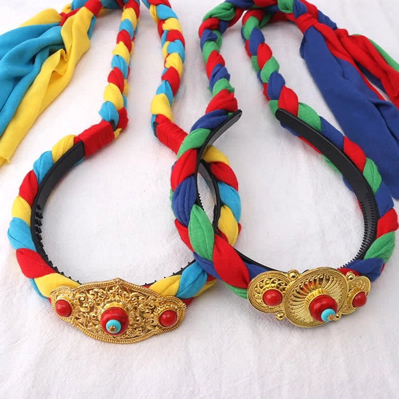 Handmade Tibetan braided hair decoration with orange beads and copper alloy charm