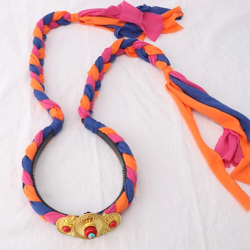 Tibetan braided hair ornament featuring three beads design with multicolor woven threads