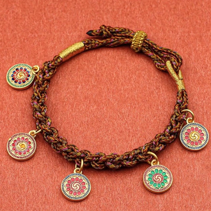 Tibetan style braided bracelet with four floral pattern enamel round pendants