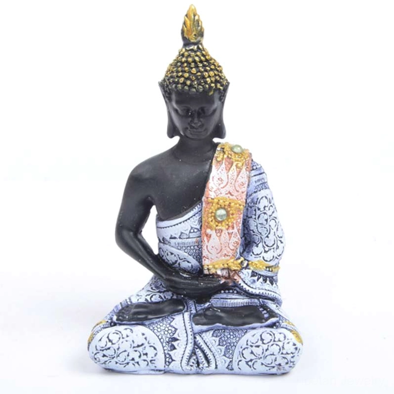 Blue Tibetan Buddha feng shui statue with meditation mudra, blue-gray robes featuring paisley printed patterns, gold and gem embellishments, premium handmade resin decoration