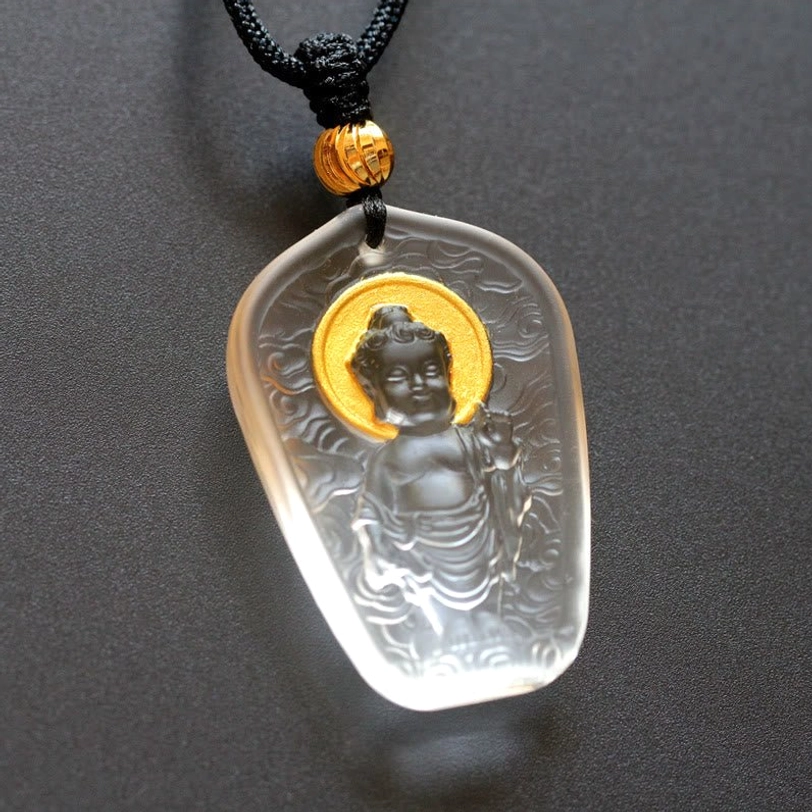 White Buddha Liuli crystal pendant necklace with transparent frosted crystal, gilded Buddha figure with cloud engravings and glowing halo effect, spiritual charm