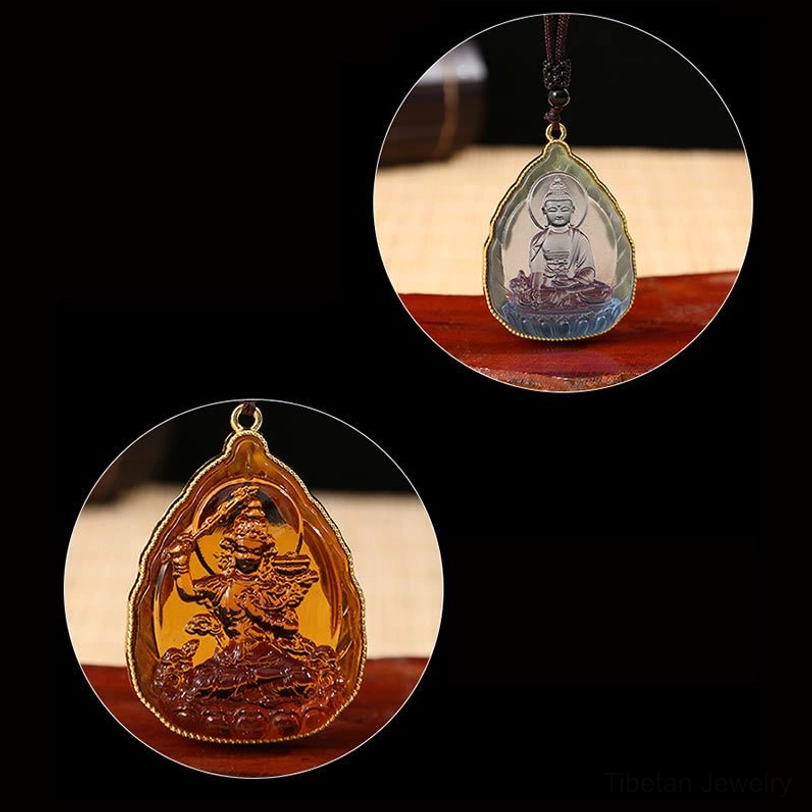 Orange Tibetan Buddha Liuli crystal pendant necklace with gold-plated trim and adjustable black wax cord