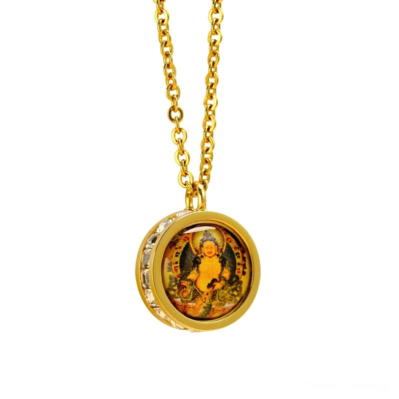 Tibetan Buddha pendant necklace hanging flat with printed Buddha artwork and fine link chain on neutral background