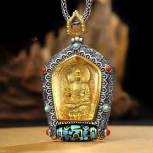 Tibetan zodiac natal Buddha gau pendant front view handcrafted silver with embossed Sakyamuni Buddha