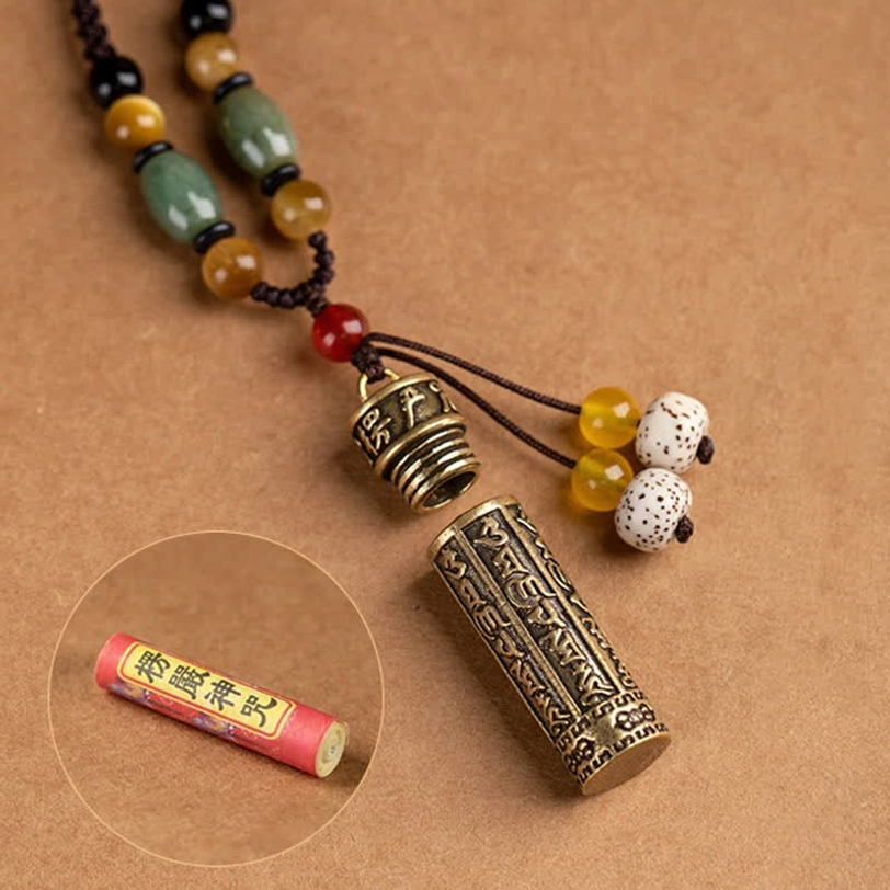Tibetan Buddhist necklace pendant with engraved sacred mantra and natural gemstone beads for meditation practice
